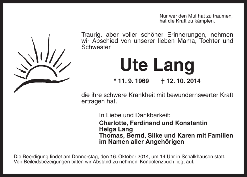  Traueranzeige für Ute Lang vom 14.10.2014 aus Ansbach