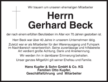 Traueranzeige von Gerhard Beck von Ansbach