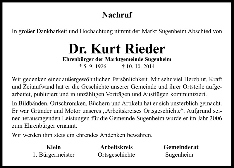  Traueranzeige für Kurt Rieder vom 15.10.2014 aus Neustadt/ Scheinfeld/ Uffenheim