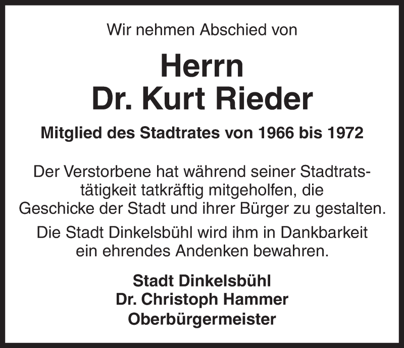  Traueranzeige für Kurt Rieder vom 15.10.2014 aus Dinkelsbühl/ Feuchtwangen