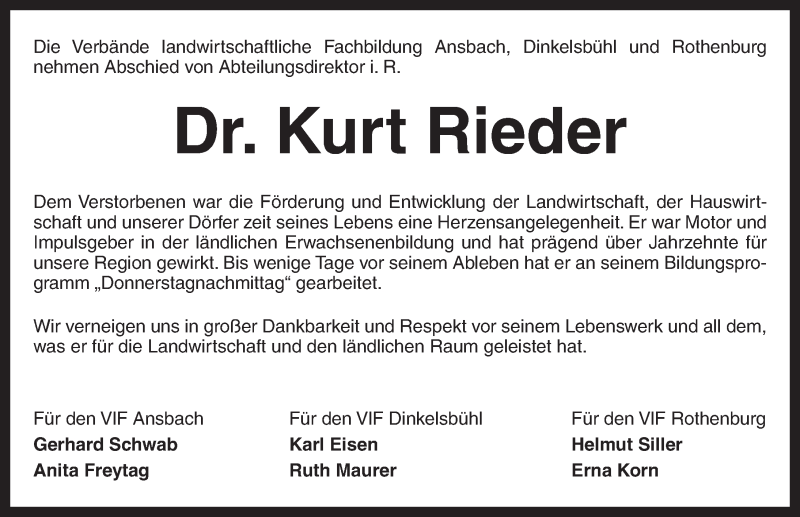  Traueranzeige für Kurt Rieder vom 17.10.2014 aus Gesamtausgabe