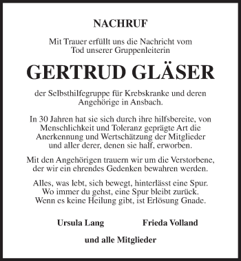 Traueranzeige von Gertrud Gläser von Ansbach