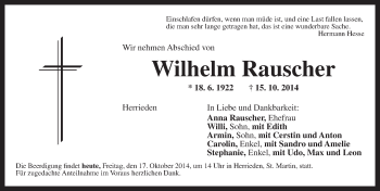 Traueranzeige von Wilhelm Rauscher von Dinkelsbühl/ Feuchtwangen