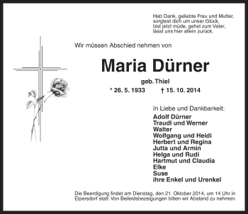 Traueranzeige von Maria Dürner von Ansbach