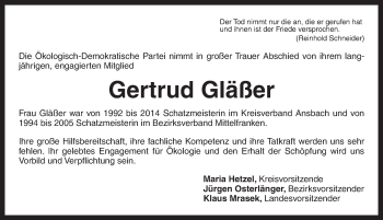 Traueranzeige von Gertrud Gläßer von Ansbach