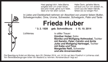 Traueranzeige von Frieda Huber von Ansbach