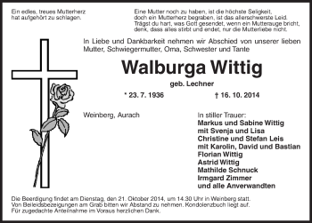 Traueranzeige von Walburga Wittig von Dinkelsbühl/ Feuchtwangen