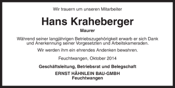 Traueranzeige von Hans Kraheberger von Ansbach