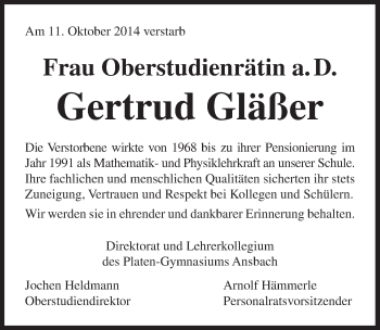 Traueranzeige von Gertrud Gläßer von Ansbach