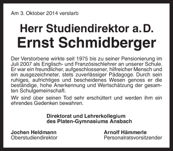 Traueranzeige von Ernst Schmidberger von Ansbach