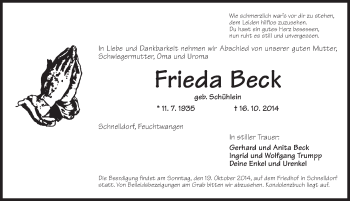 Traueranzeige von Frieda Beck von Dinkelsbühl/ Feuchtwangen