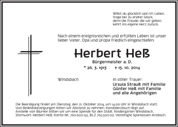 Traueranzeige von Herbert Heß von Ansbach