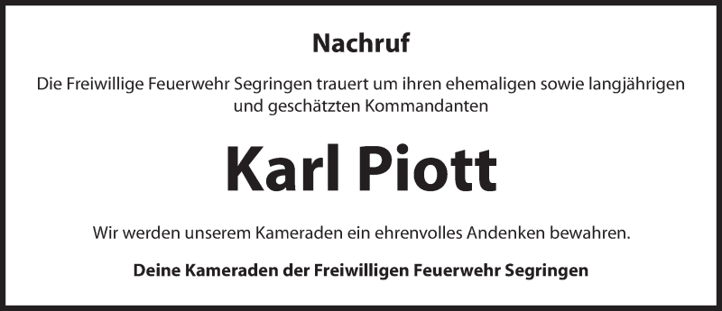 Traueranzeige für Karl Piott vom 20.10.2014 aus Dinkelsbühl/ Feuchtwangen