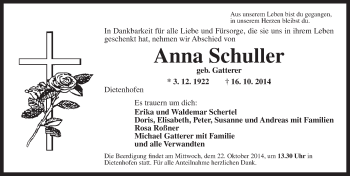 Traueranzeige von Anna Schuller von Ansbach