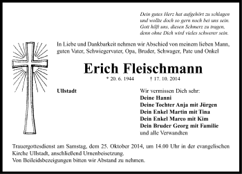 Traueranzeige von Erich Fleischmann von Neustadt/ Scheinfeld/ Uffenheim