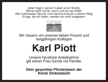 Traueranzeige von Karl Piott von Dinkelsbühl/ Feuchtwangen