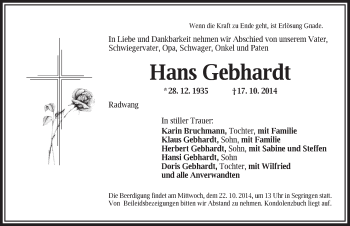 Traueranzeige von Hans Gebhardt von Dinkelsbühl/ Feuchtwangen