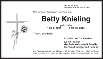 Traueranzeige von Betty Knieling von Dinkelsbühl/ Feuchtwangen