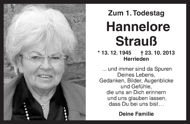  Traueranzeige für Hannelore Strauß vom 23.10.2014 aus Ansbach