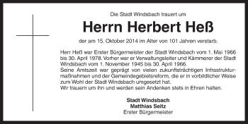 Traueranzeige von Herbert Heß von Ansbach