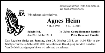 Traueranzeige von Agnes Heim von Neustadt/ Scheinfeld/ Uffenheim