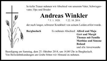 Traueranzeige von Andreas Winkler von Neustadt/ Scheinfeld/ Uffenheim