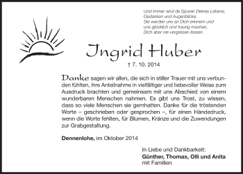 Traueranzeige von Ingrid Huber von Dinkelsbühl/ Feuchtwangen