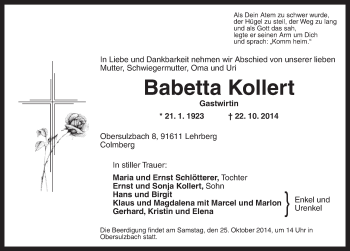 Traueranzeige von Babetta Kollert von Ansbach