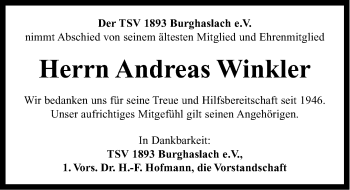 Traueranzeige von Andreas Winkler von Neustadt/ Scheinfeld/ Uffenheim