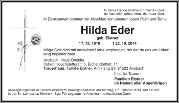 Traueranzeige von Hilda Eder von Ansbach