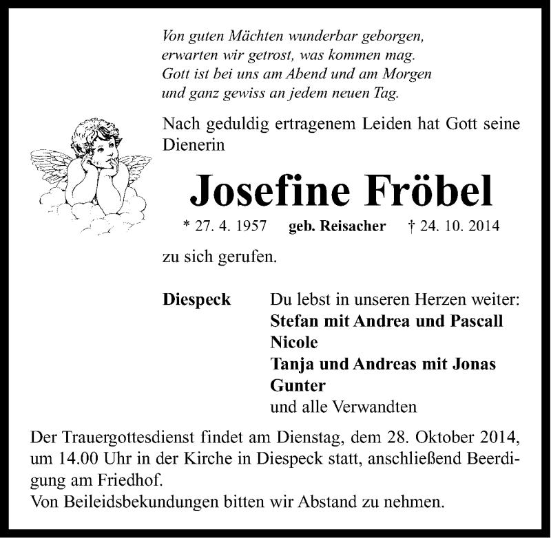  Traueranzeige für Josefine Fröbel vom 27.10.2014 aus Neustadt/ Scheinfeld/ Uffenheim