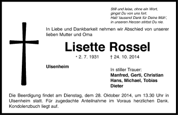 Traueranzeige von Lisette Rossel von Neustadt/ Scheinfeld/ Uffenheim