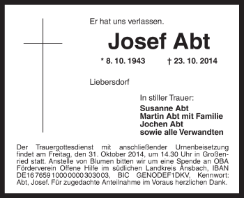 Traueranzeige von Josef Abt von Ansbach