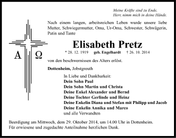 Traueranzeige von Elisabeth Pretz von Neustadt/ Scheinfeld/ Uffenheim