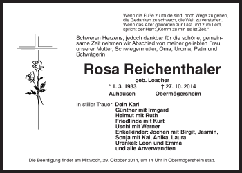 Traueranzeige von Rosa Reichenthaler von Dinkelsbühl/ Feuchtwangen