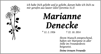 Traueranzeige von Marianne Denecke von Neustadt/ Scheinfeld/ Uffenheim