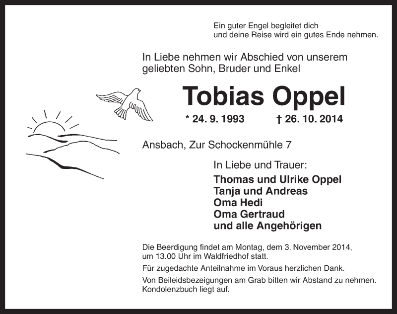  Traueranzeige für Tobias Oppel vom 30.10.2014 aus Ansbach