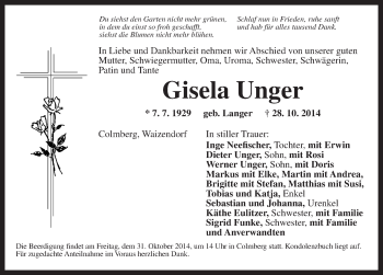 Traueranzeige von Gisela Unger von Ansbach