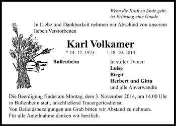 Traueranzeige von Karl Volkamer von Neustadt/ Scheinfeld/ Uffenheim