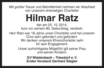 Traueranzeige von Hilmar Ratz von Ansbach