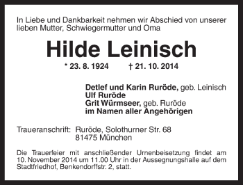 Traueranzeige von Hilde Leinisch von Ansbach