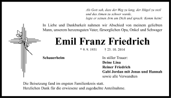 Traueranzeige von Emil Franz Friedrich von Neustadt/ Scheinfeld/ Uffenheim