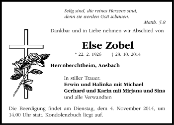 Traueranzeige von Else Zobel von Neustadt/ Scheinfeld/ Uffenheim
