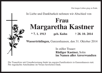 Traueranzeige von Margaretha Kastner von Dinkelsbühl/ Feuchtwangen