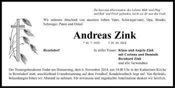 Traueranzeige von Andreas Zink von Neustadt/ Scheinfeld/ Uffenheim