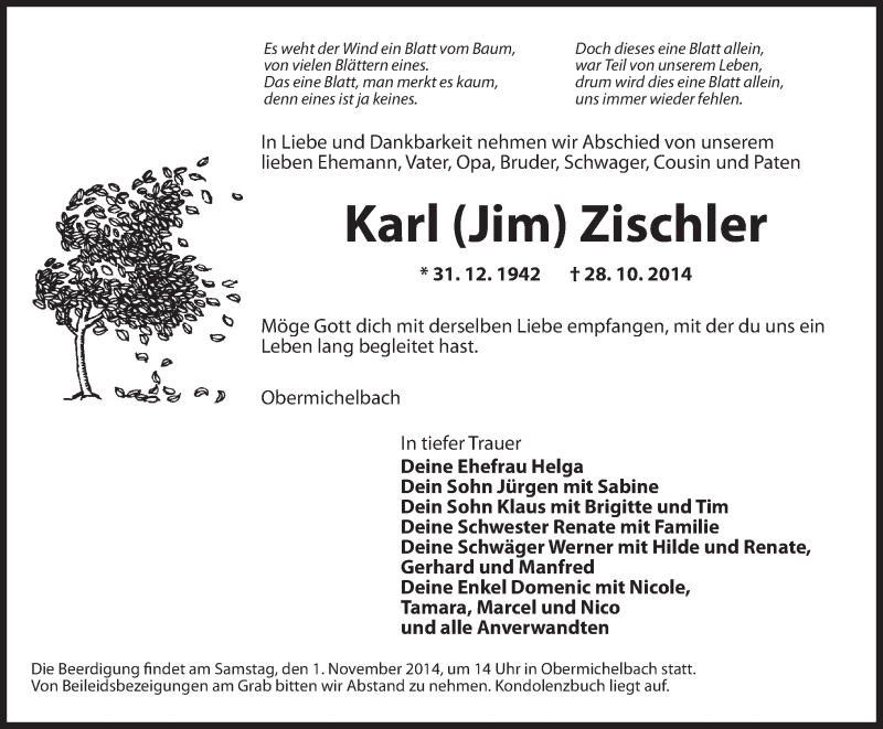  Traueranzeige für Karl Zischler vom 31.10.2014 aus Dinkelsbühl/ Feuchtwangen