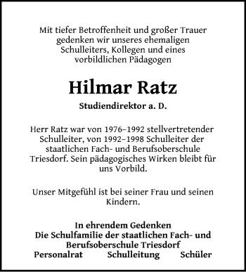 Traueranzeige von Hilmar Ratz von Ansbach