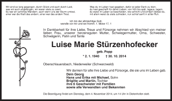 Traueranzeige von Luise Marie Stürzenhofecker von Ansbach