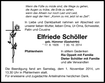 Traueranzeige von Elfriede Schöller von Neustadt/ Scheinfeld/ Uffenheim