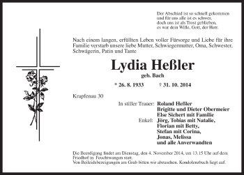 Traueranzeige von Lydia Heßler von Dinkelsbühl/ Feuchtwangen